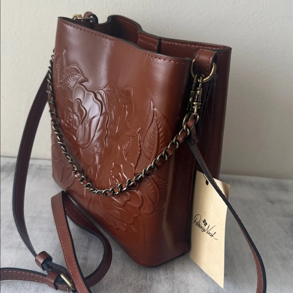 Patricia Nash Tooled Leather Ledra Bucket Crossbody Tote Handbag Tan